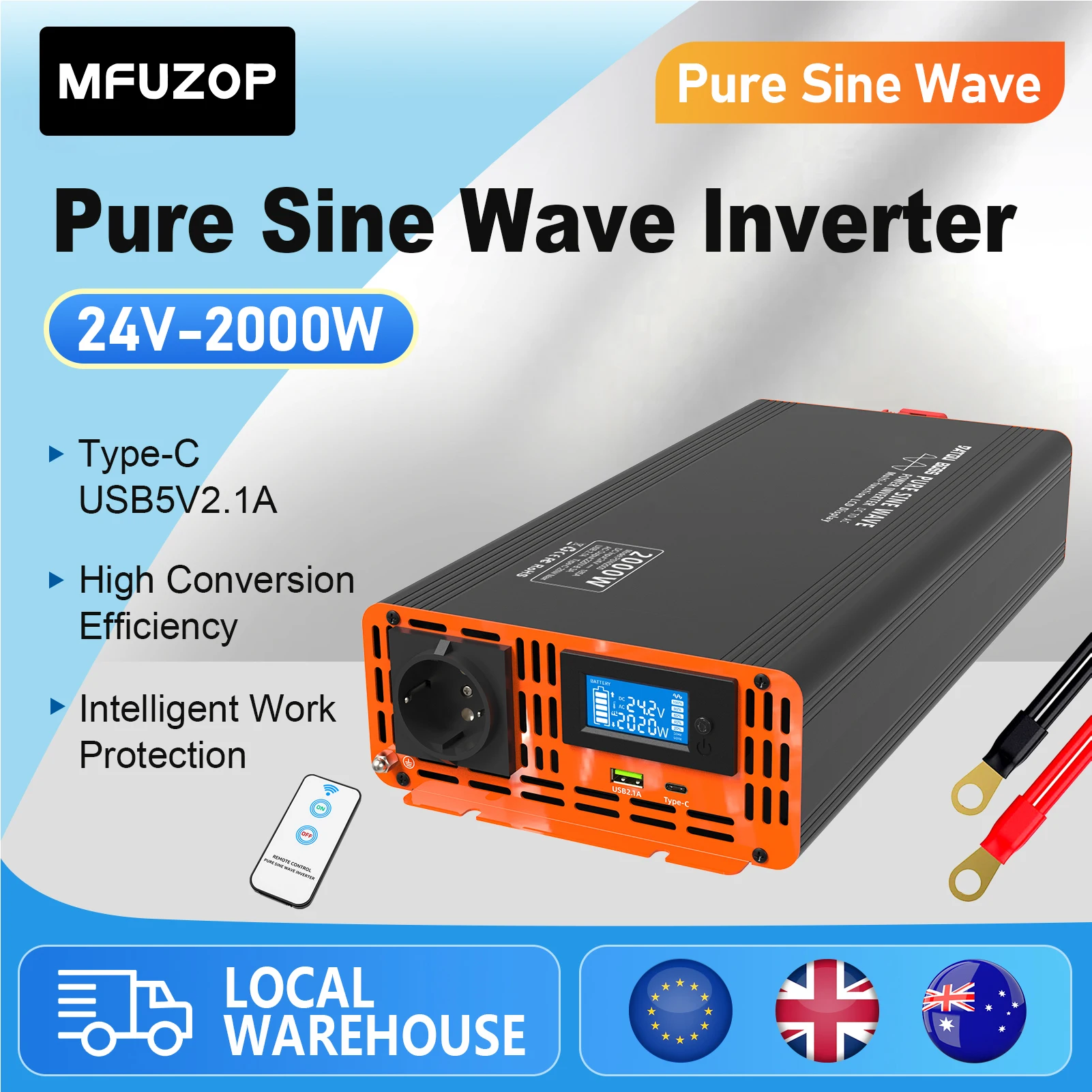 MFUZOP PSW 12V 2000W Peak Power Car Inverter 110V with LCD Display