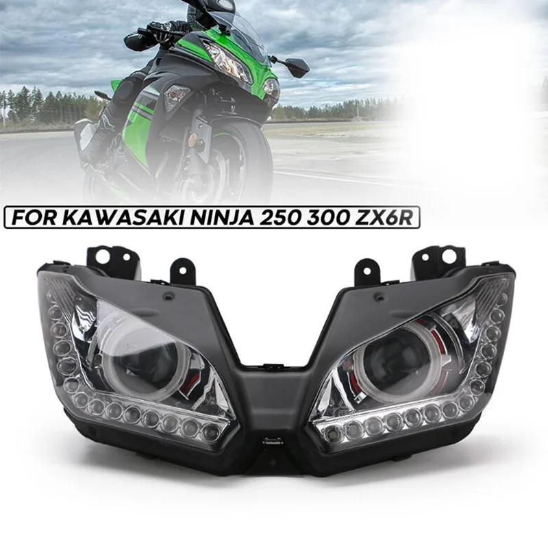 

Motorcycle Headlight LED Front Head Lamp Angel Eyes 12V For Kawasaki Ninja250 300 ZX6R 2013 2014 2015 2016 Motorbike Accessories