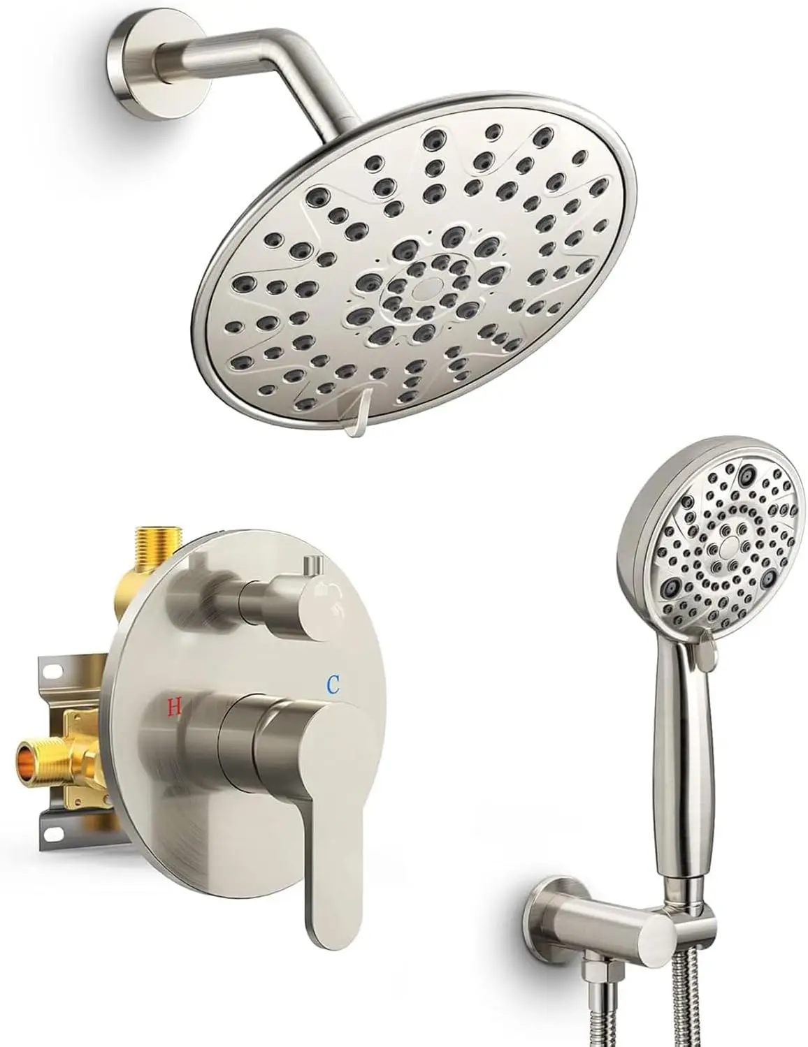 8 Inch High-Pressure Multifunctional Brass Handheld Shower System Includes Rainfall Spray Single Brushed Nickel Finish Valve