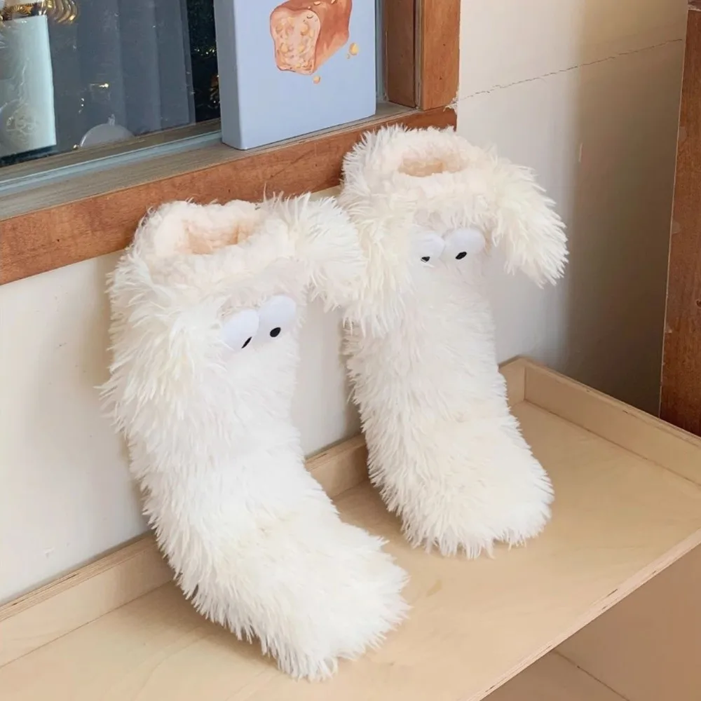Funny Big Eyes Slipper Socks with Puppy Ears Mid-Calf Thickened Non-slip Floor Socks Warm Cartoon Coral Fleece Socks Winter