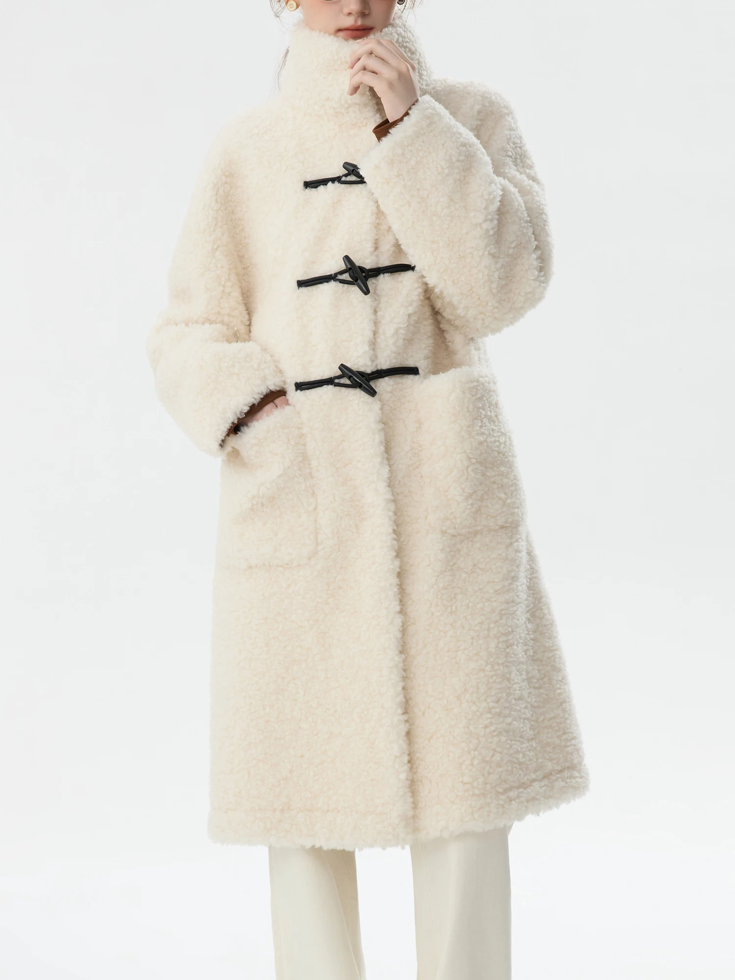 FSLE Office Lady Standing Collar Cow Horn Buckle Lamb Wool Coat Women's Winter Wool Fleece Faux Fur One-piece Thickened Faux Fur