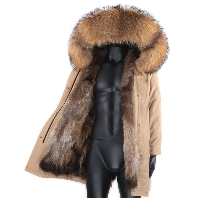 Men Winter Long Coat Real Raccoon Fur Hooded Jacket Nature Raccoon Rabbit Fur Lined Outwear Man Real Fur long Parka