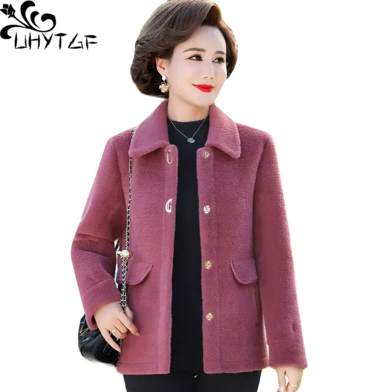 

UHYTGF Quality Mink Fleece Autumn Winter Woolen Coat Woman Middle Aged Mom's Casual Short Jacket Female Loose 5XL Outerwear 2268