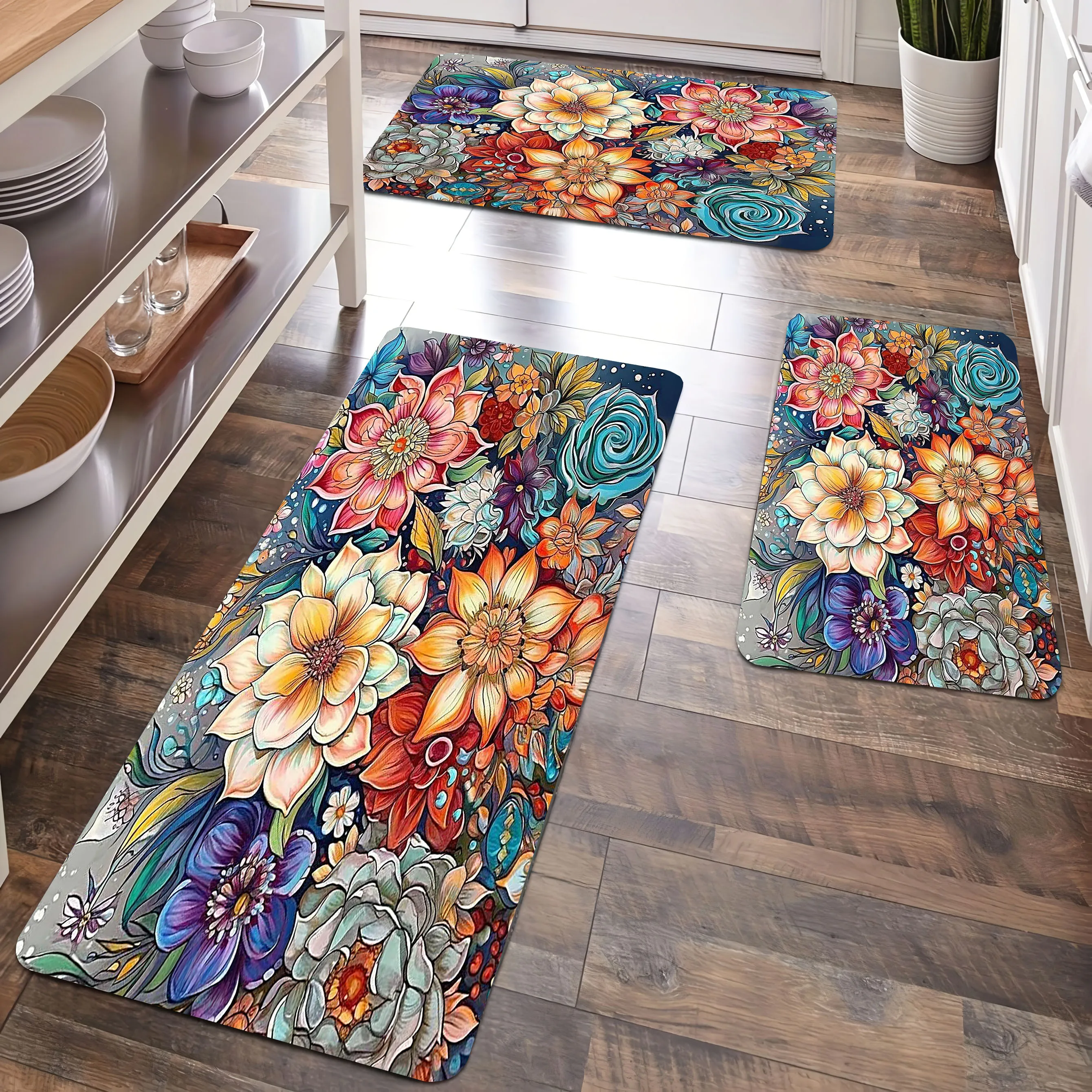 Boho Watercolor Flowers Style Design Kitchen Carpet Non-slip Flannel Bathroom Doormat  Bedroom Decorations Accessories Floor Pad