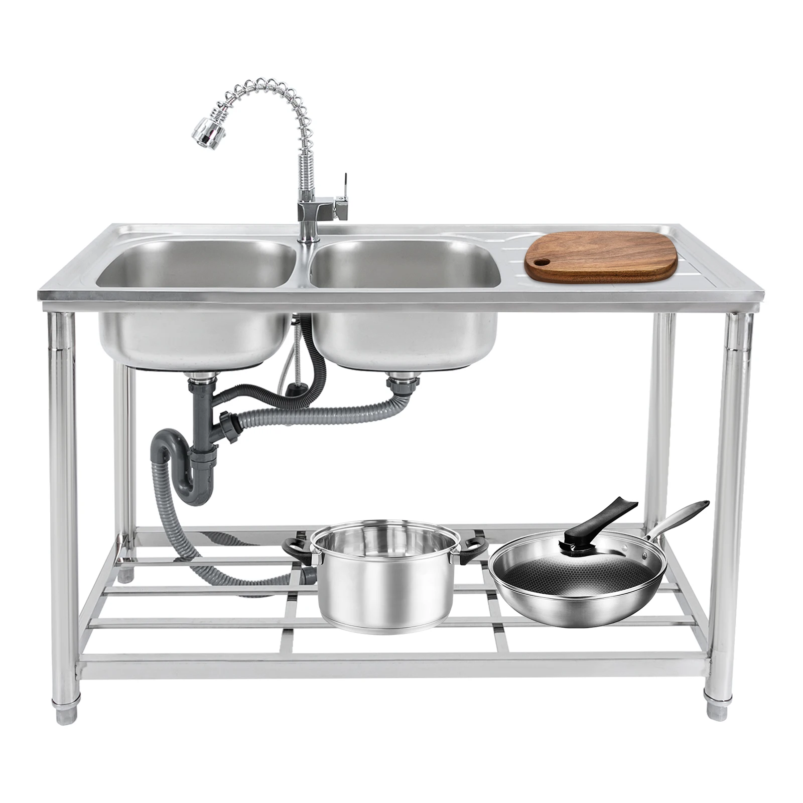 Stainless Steel Double Bowl Sink with Pull-out Faucet for Kitchens, Bars, Restaurants, Dessert Store