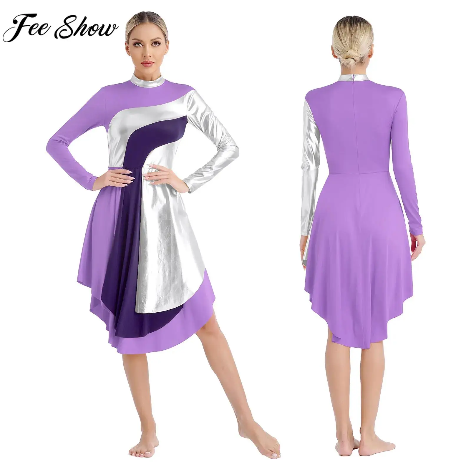 

Women Liturgical Praise Lyrical Dance Dress Long Sleeve Contrast Color Patchwork Tunic Gown Dancewear for Church Choir Worship