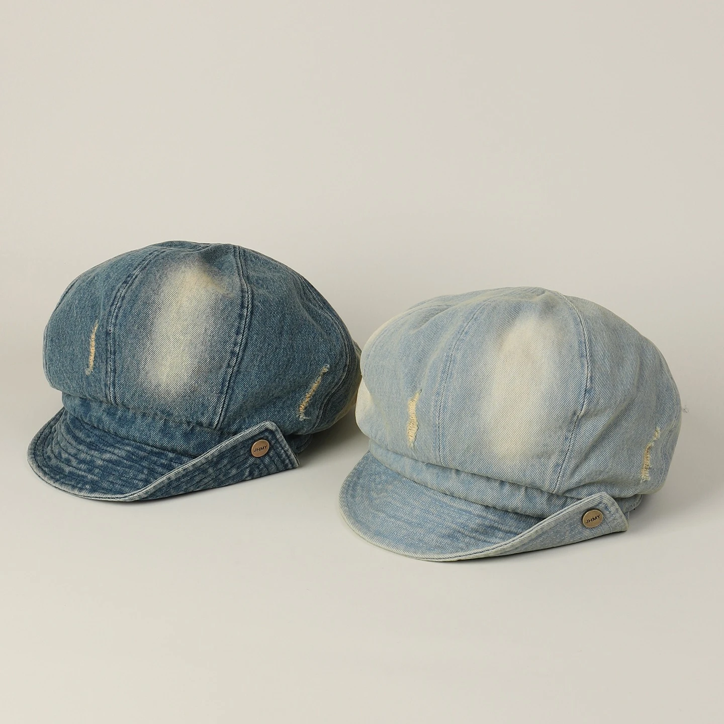 WomenJapanese Vintage Washed Denim Cloud Puffy Top Octagonal Newsboy Cap Distressed Ripped Peaked Autumn Trendy Casual Beret Cap