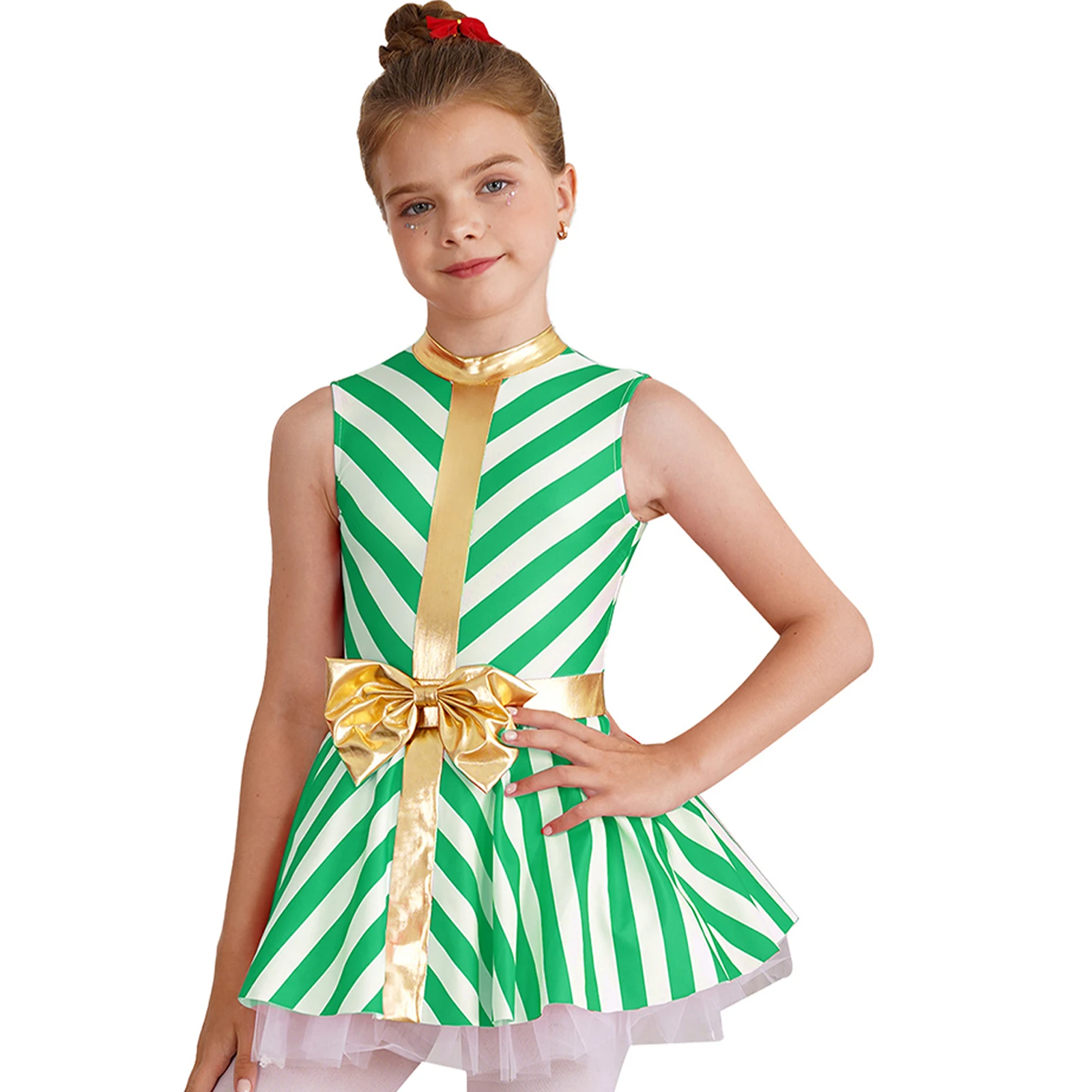 Girls Christmas Santa Candy Cane Costume Sleeveless Ballet Dance Dress Open Back Stripes Print Tutu Dress Leotard Dancewear