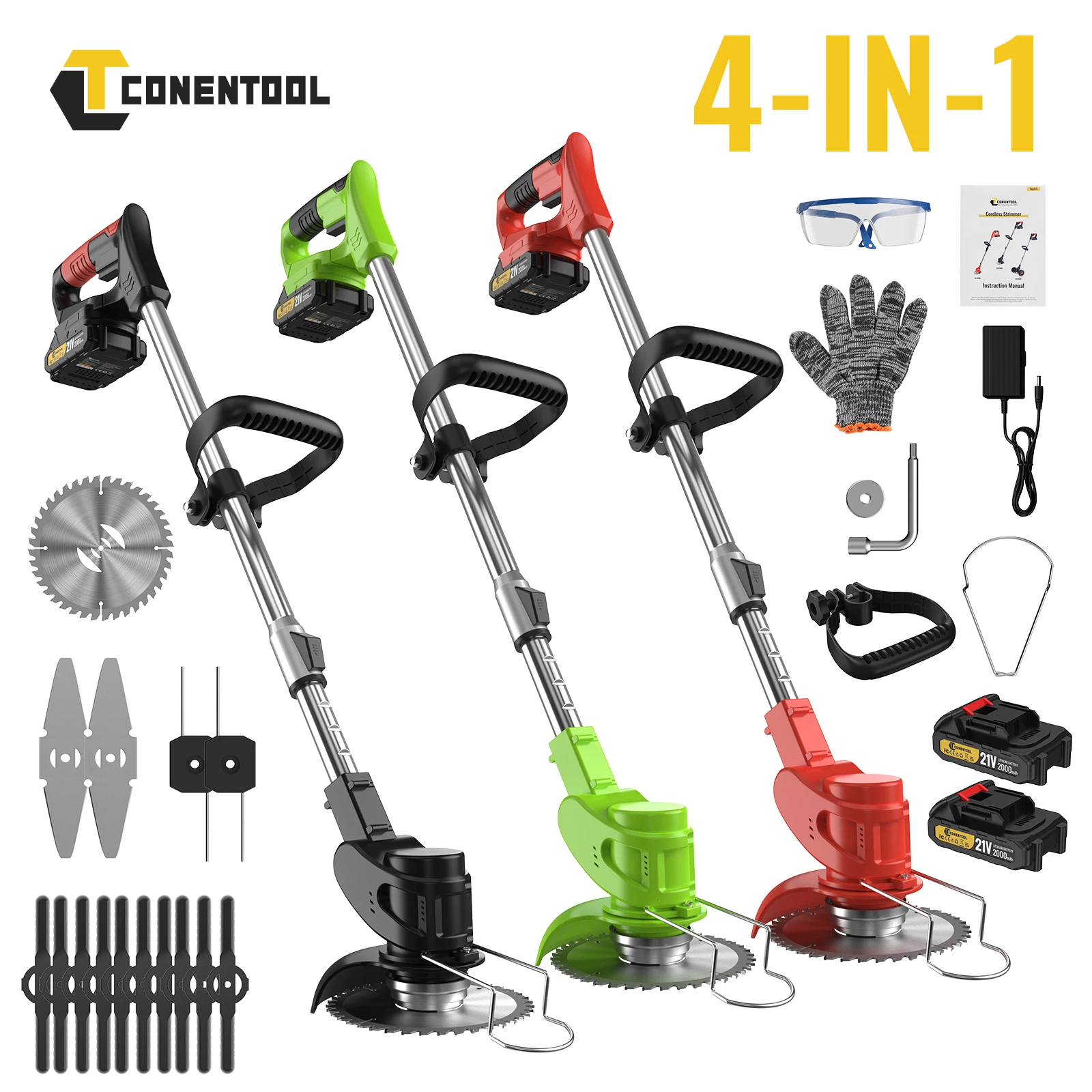 Tondeuse à gazon télescopique légère sans fil 21V 650W avec 2 piles 2000mAh, 4 Types de lames, coupe de pelouse de jardin