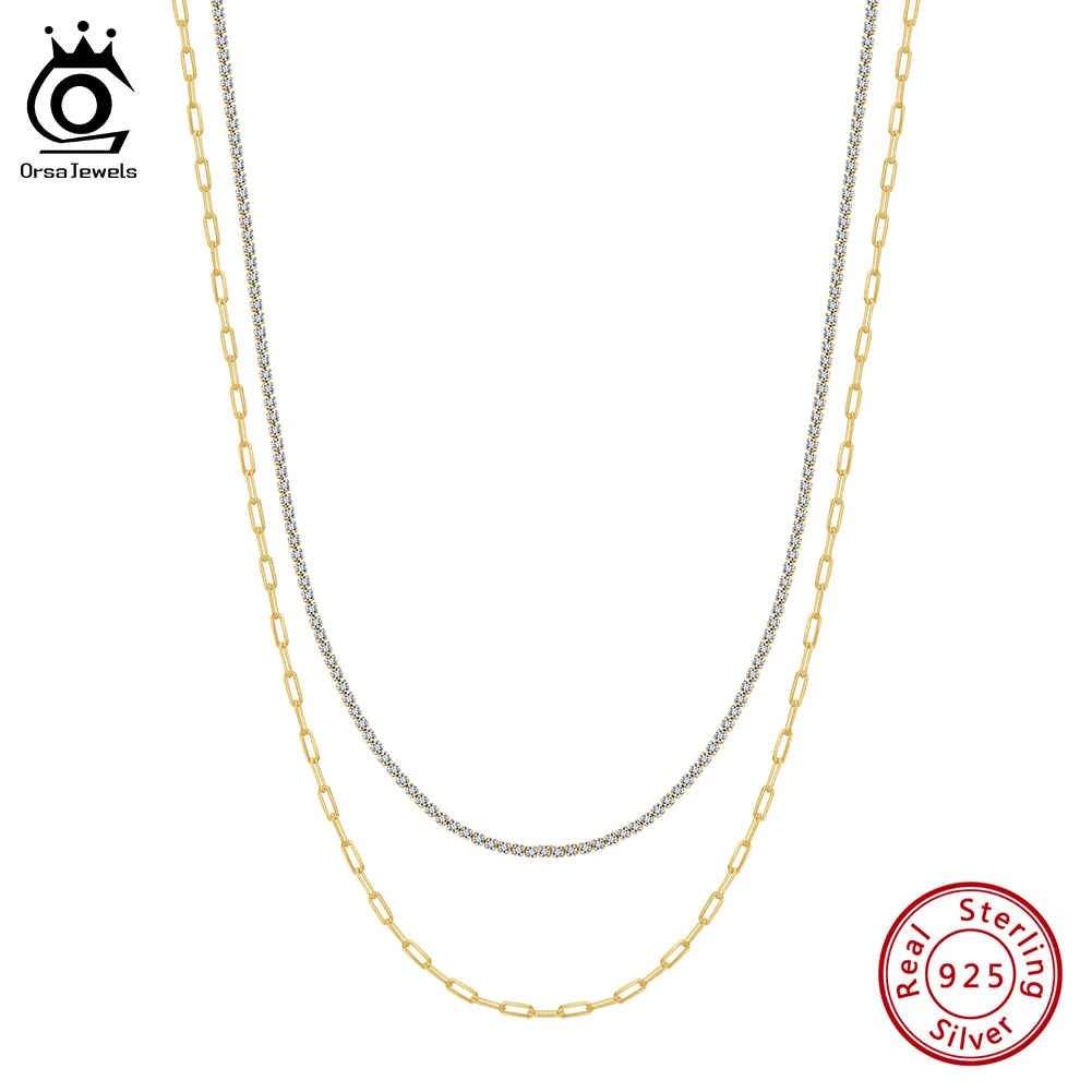 

ORSA JEWELS Simple New 925 Sterling Silver 5A Zircon Double Layer Necklace Paperclip & Tennis Chain Gift Exquisite Jewelry BQN48
