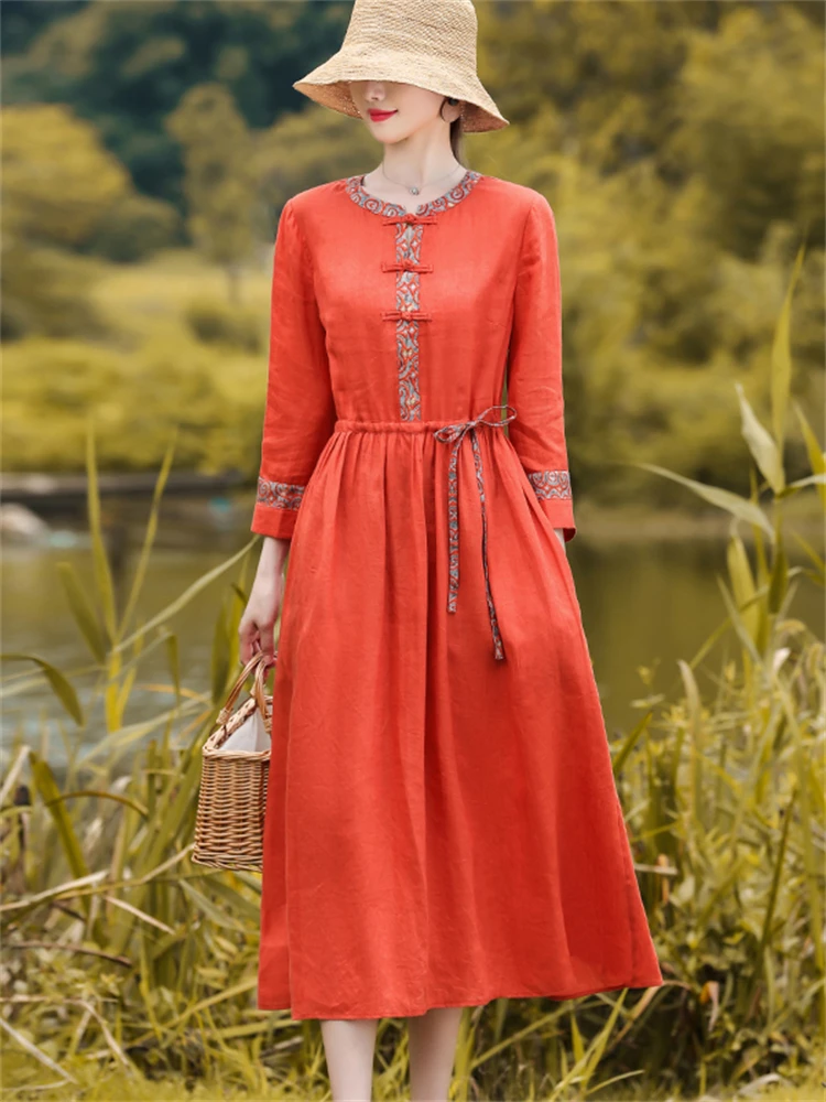 2024 New Spring Autumn Red Vintage Dresses For Women Cotton Linen Casual Loose  Long Elegant Dress Femme Robe Fashion Clothing