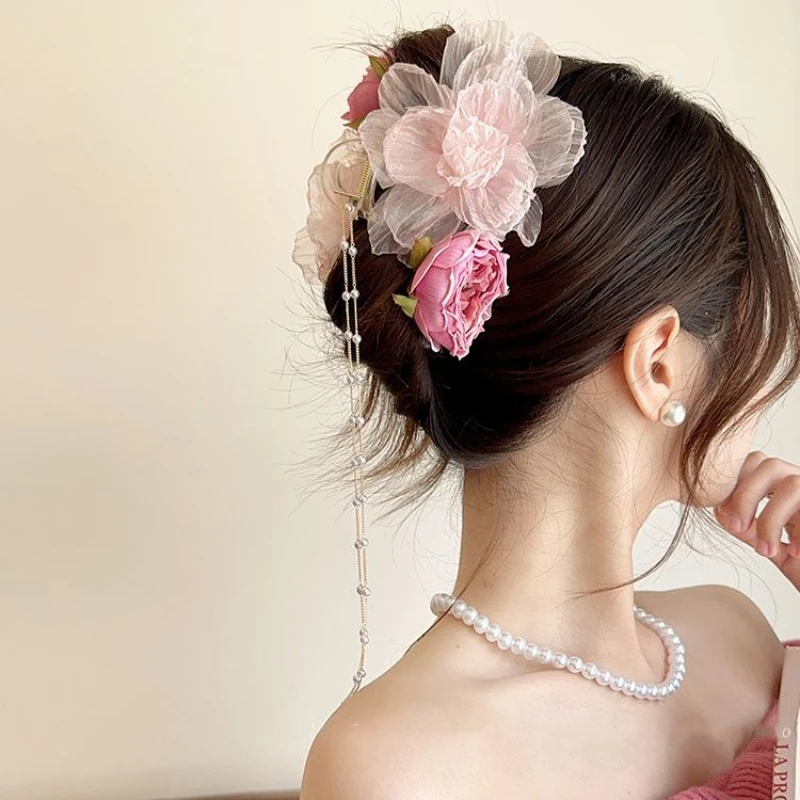 Sweet Fashion Tassels Flower Large Size Hair Clip for Women 2026 New Girls High-end Three-dimensional Romantic Shark Hair Claw