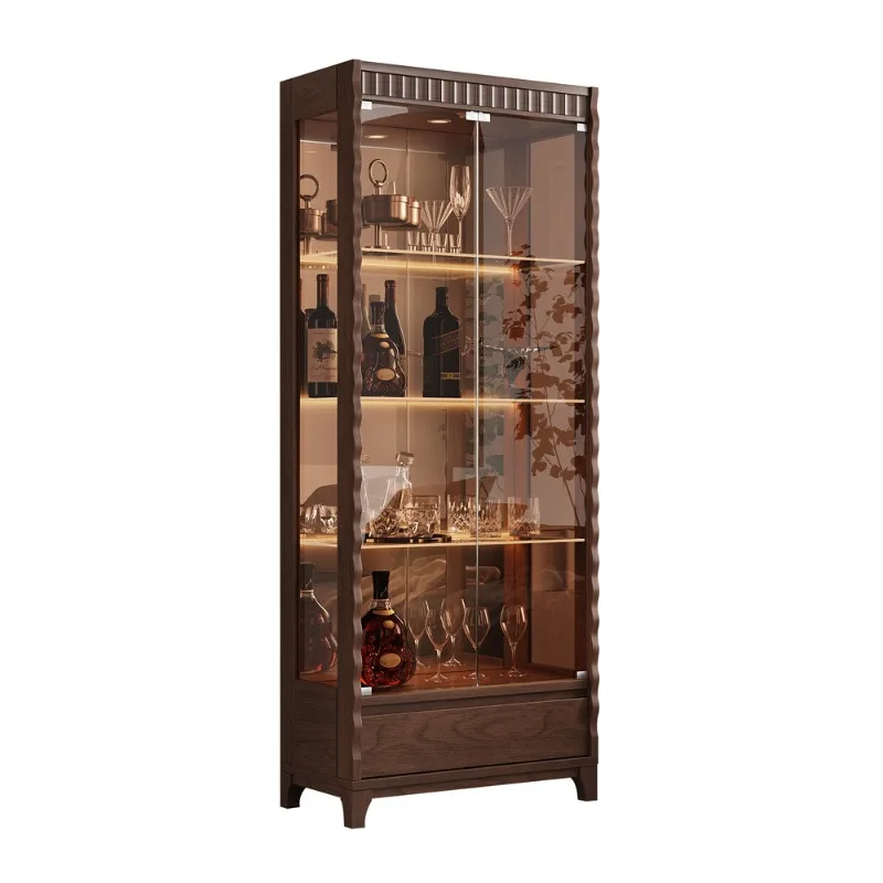 New Chinese-style solid wood walnut wine cabinet living room wall display cabinet double door glass door with lock simple decora