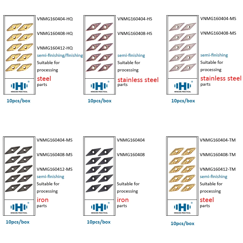 Imagem -03 - Hengxin-inserções de Carboneto de Tungstênio Ferramentas Cnc Lathe Cutter Vnmg160404 Vnmg160408 Vnmg160412 hq hs tm S230g Ferramentas de Torneamento Vnmg