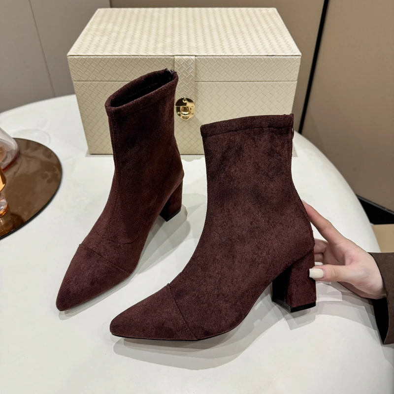 

Autumn Winter Short Plush Women Ankle Boot Fashion Pointed Toe Thick Heel Shoes Ladies Modern Short Botas Para Mujer