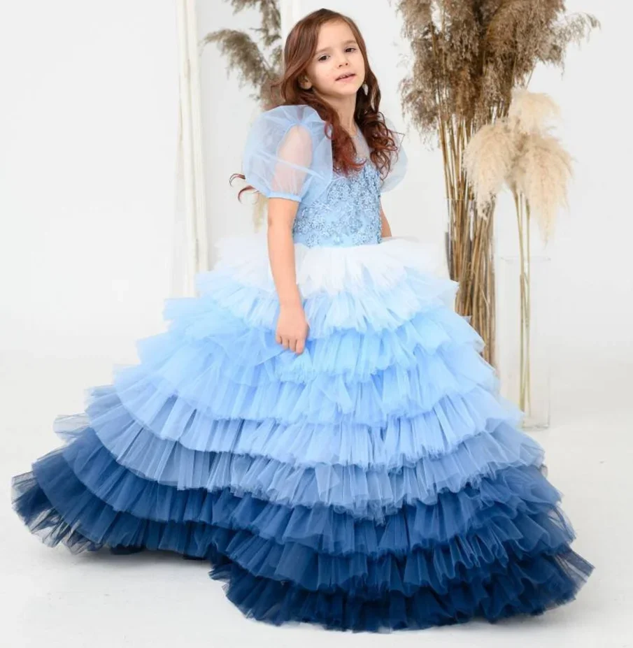 Lovely Blue Flower Girl Dress Ombre Ball Gown Junior Bridesmaid Wedding for Girls Graduation Dress Party Prom Pageant Gowns