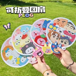 Summer Sanrios Folding Group Fan Kawaii Kuromi Hello Kitty My Melody Hangyodo Portable Fabric Pocket Fans with Storage Bag