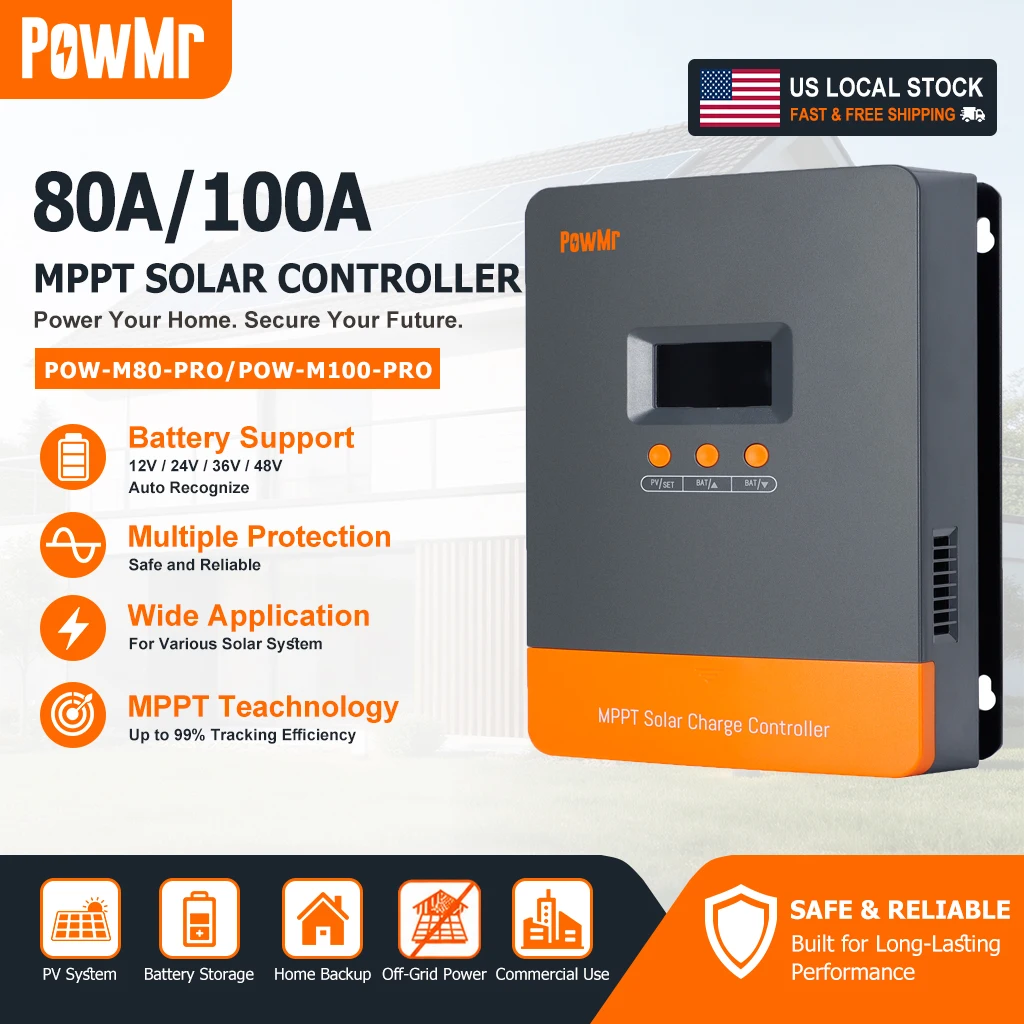 PowMr M-Pro Series 80A 100A MPPT Solar Charge Controller 12V/24V/36V/48V Auto Voltage Recognition Parallel Supported, Lithium LiFePO4 & Lead Acid Battery Regulator for Off-Grid Solar Power System US Local Stock