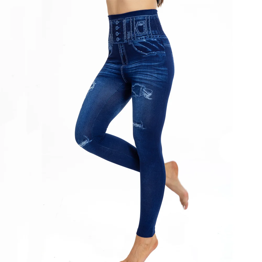 ヨーロッパとアメリカのカジュアルファッション、イミテーションデニムレギンス、高伸縮性クロップドパンツ（女性用）