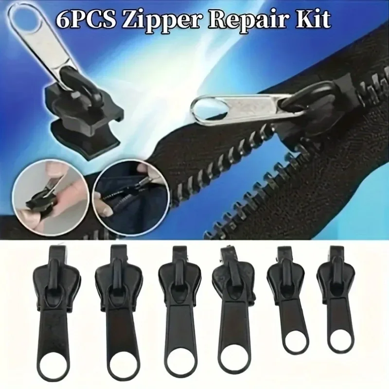 6Pcs Universal Zipper Repair Kit, Plastic Zipper Pull Replacement Set, Instant Zip Fix for Jackets, Pants, and Bags