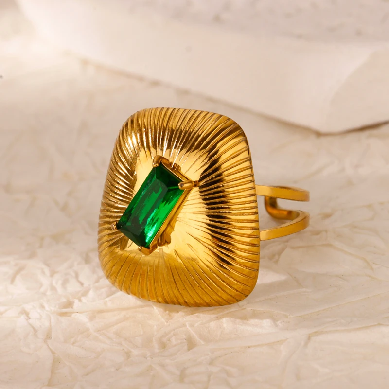Green Heart Square Zircon Open Rings For Women 2024 Trend Gold Color Stainless Steel Ring Wedding Jewelry Christmas Gifts