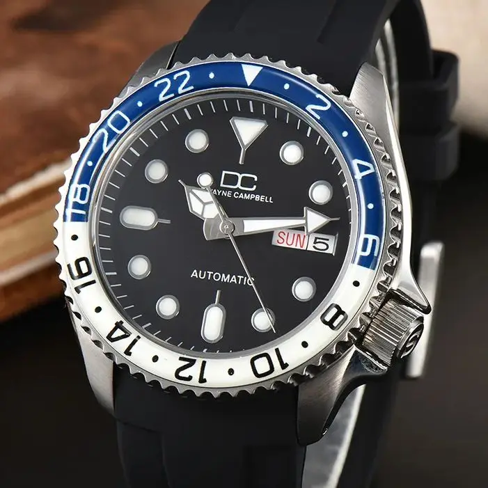 

Dwayne Campbell New Bi-calendar Mechanical Wristwatches Watches Man Sapphire Glass Rubber Strap NH36 Movement Automatic Watches