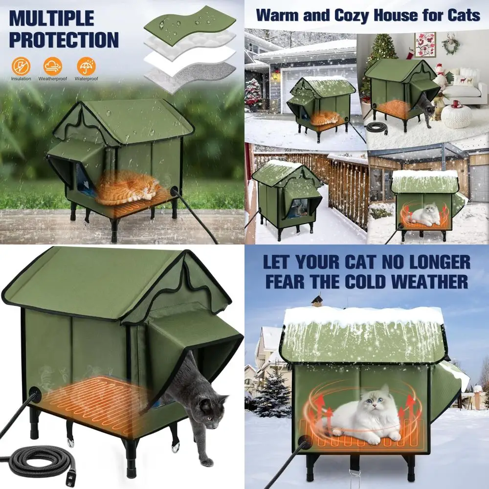 

Insulated Outdoor Cat House with Heated Pad, Waterproof Shelter for Indoor/Outdoor Cats, Green Elevated Bed, 21x19.4x16.5in