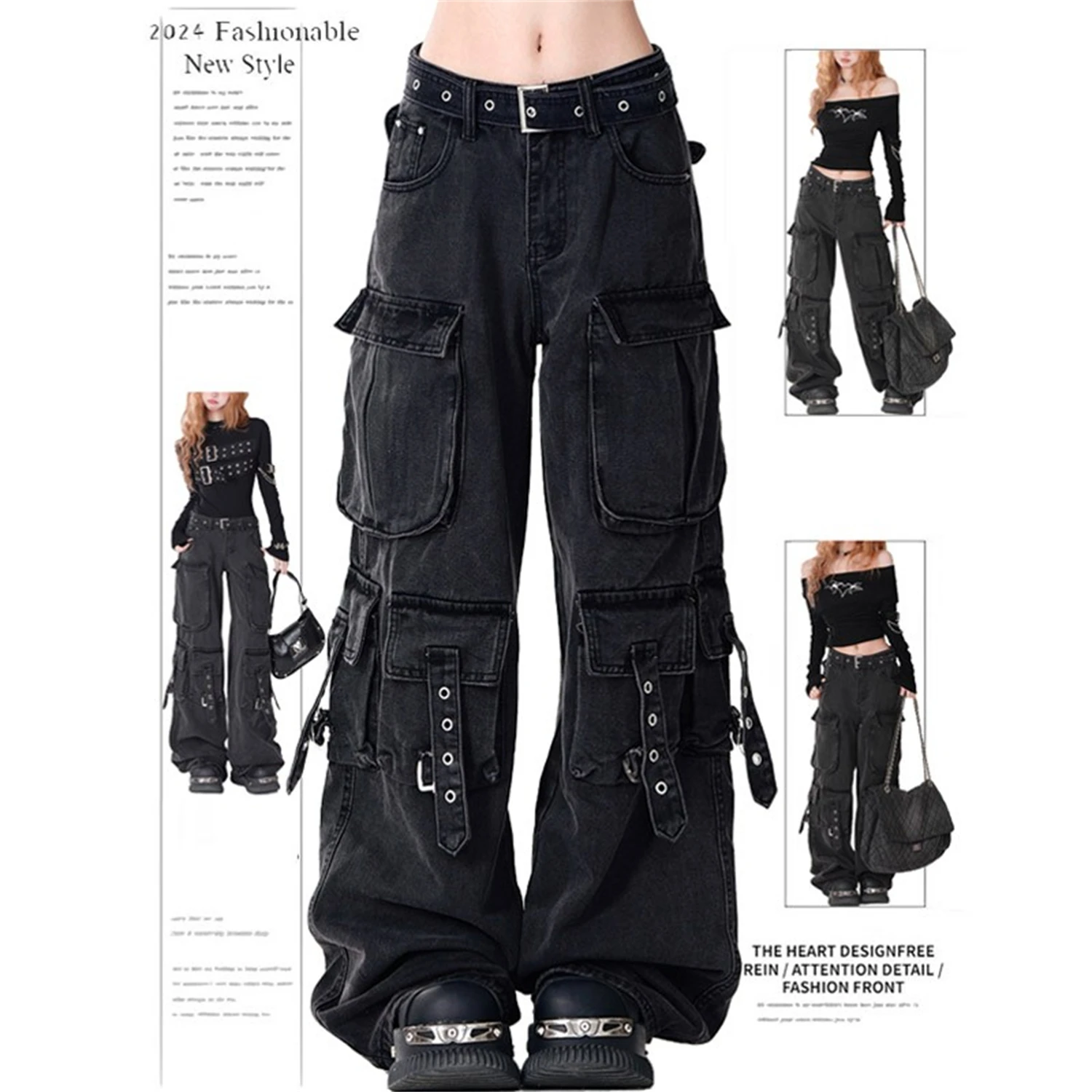 Women's Y2K Gothic Cargo Jeans High Waist Baggy Wide Leg Denim Pants with Multiple Pockets & Buckle Straps Streetwear Trousers