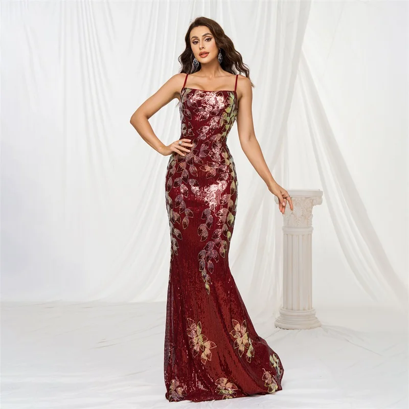 

Spaghetti Strap Sequins Glitter Women Evening Dress Flower Printing Slim Bandage Gown Red Backless Party Skirt Newest In Stock