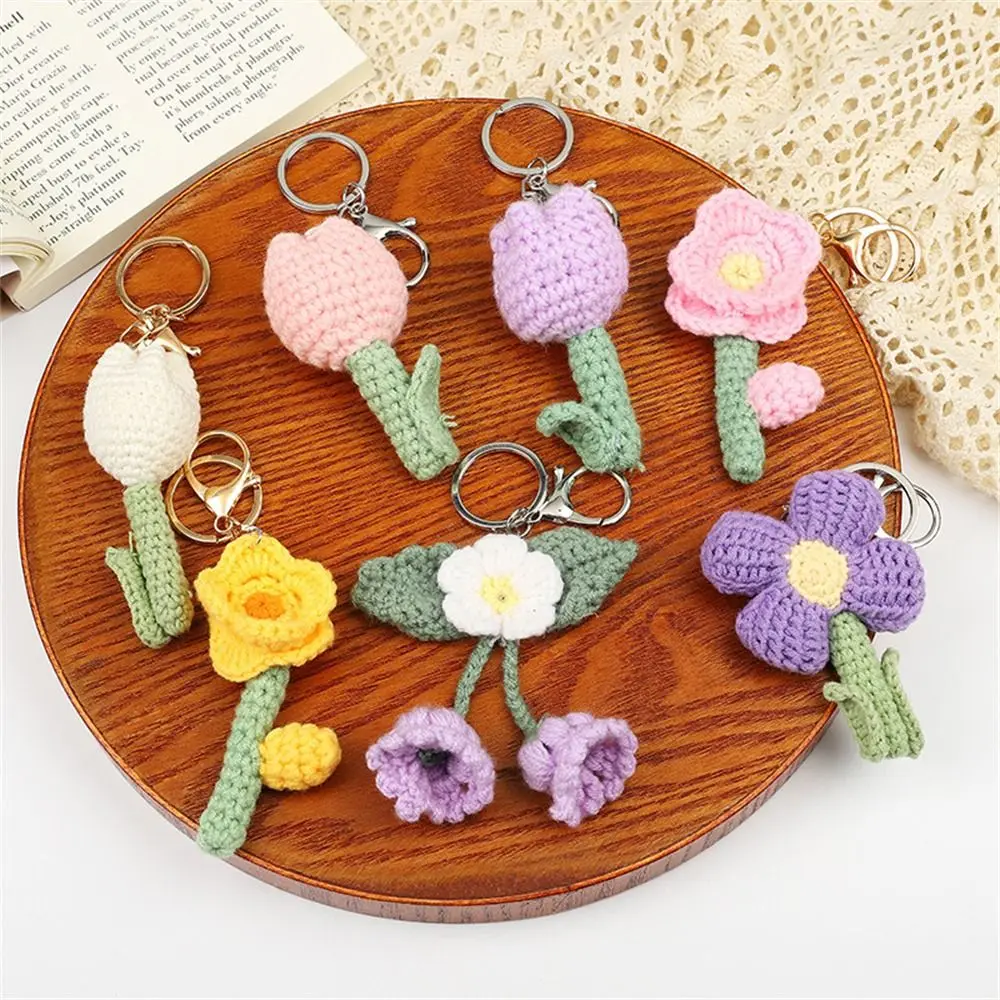 DIY Craft Flower Leaf Knitted Keychain Handmade Wool Crochet Flowers Keyring Fresh Cartoon Weaved Keyrings Girl Gifts