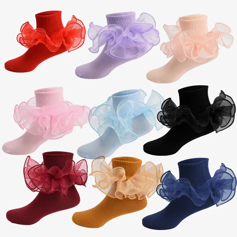 1-10Y Baby Girls Ruffle Socks Soft Double Lace Frilly Socks Princess Ankle Socks Kids Knit Socks for Autumn Winter