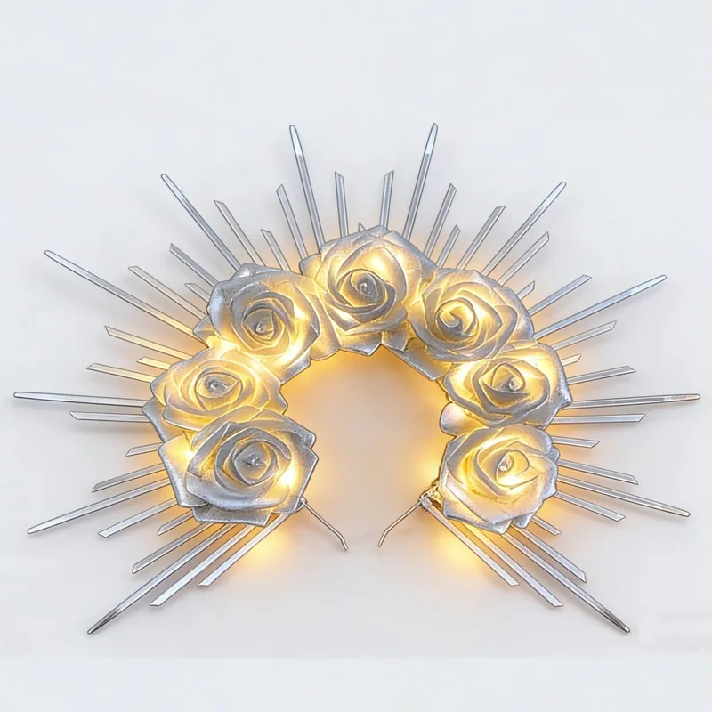 LED Light Up Silver Rose Sunburst Headband - Glowing Floral Halo Crown Headpiece, Gothic Lolita Hair Accessory , Photo Shoot