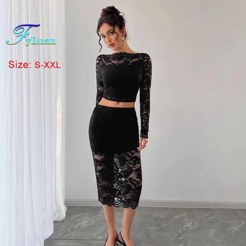 

Mesh Perspective Women Long Skirt Sets Solid Color Long Sleeve Short Top And Tight Fitting Mini Package Hips Skirt Two Piece Set