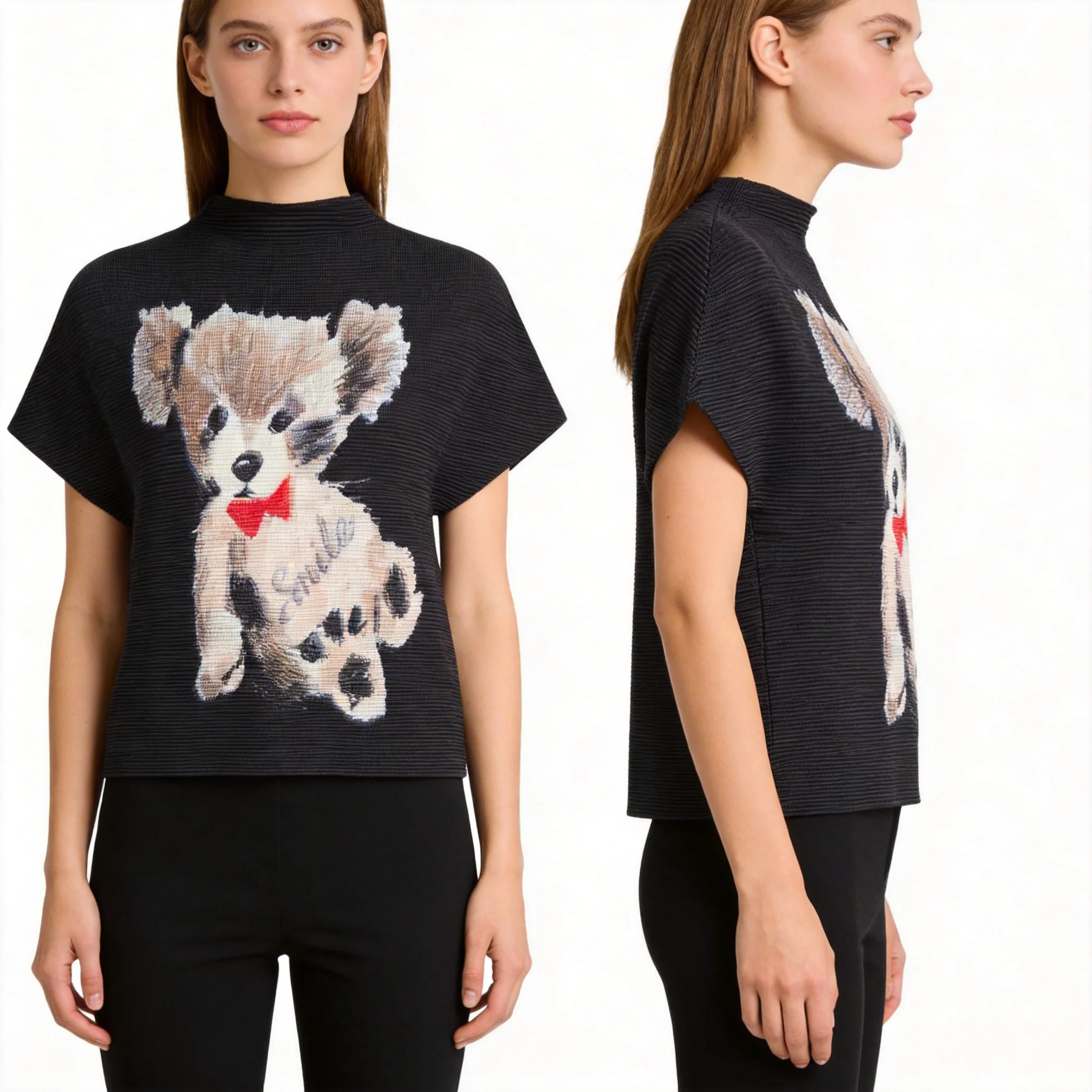 

Miyake Style High-end Corn Grain Pleated Printed T-shirt for Women High Elastic Slim Fit Versatile Stand-up Collar Top for Women