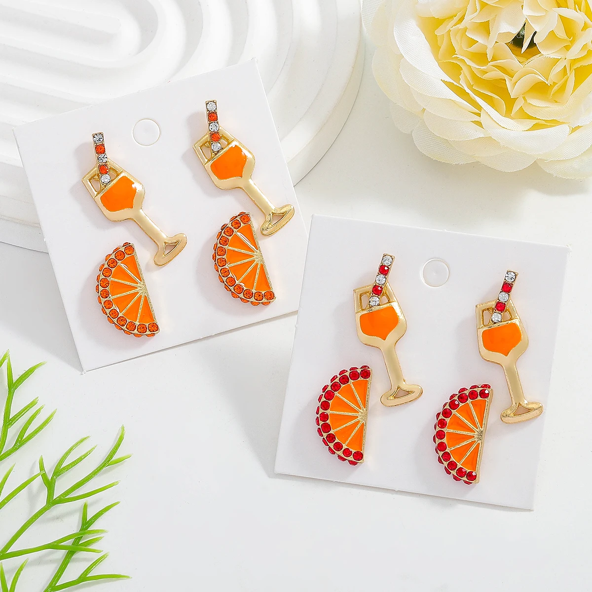 

4pcs/set Cute And Fun Cocktail Lemon Stud Earrings For Women Bling Zircon Alloy Summer Holiday Creative Jewelry Cute Party Gift