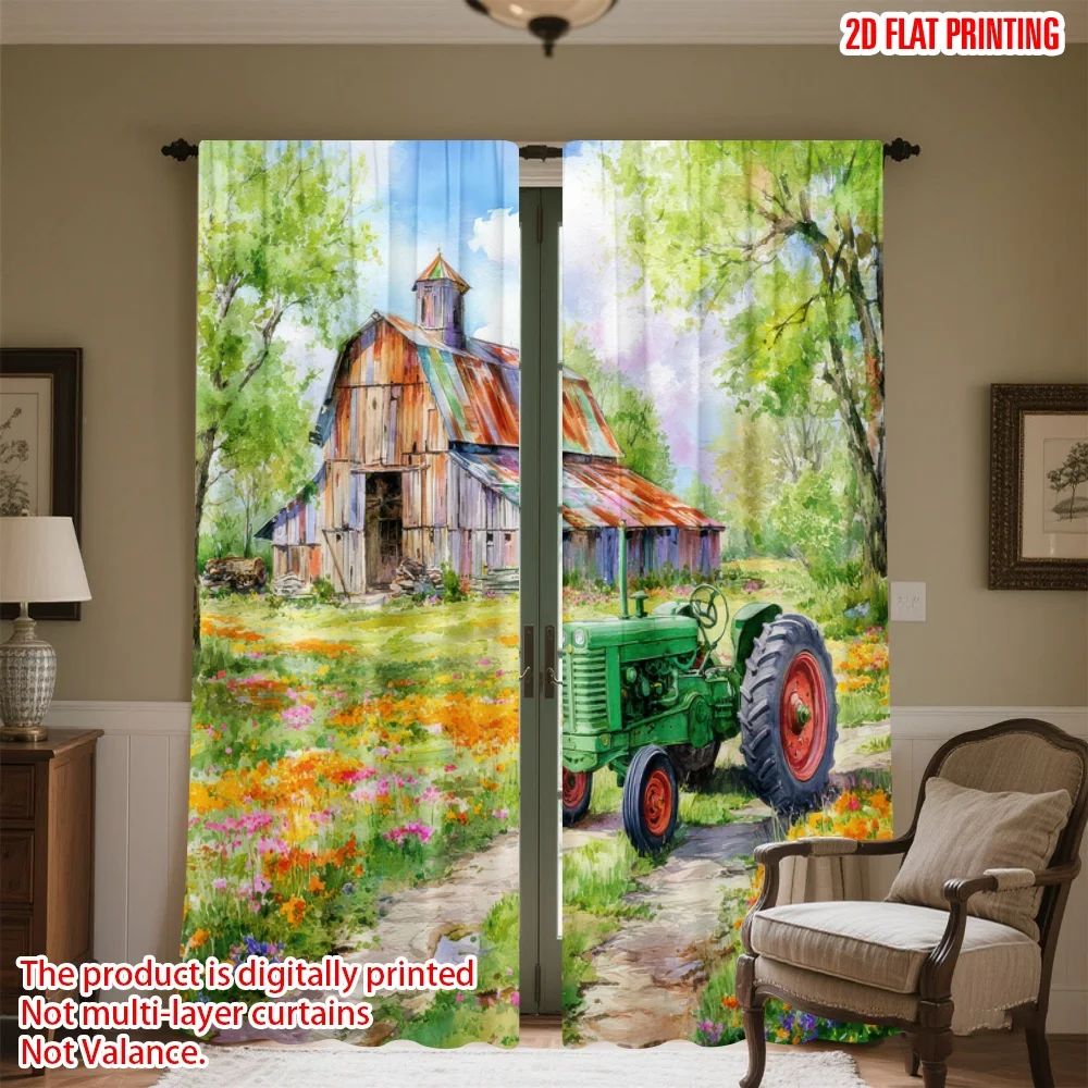 

2D flat printing 2pcs Drapes Green Tractor in Field(3) Digital Printed Polyester Drapes Festive Holiday Use for Indoor Outdoor