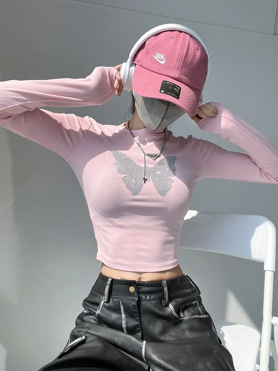 

American Y2K Spicy Girl Knot Rhinestone Basic Long Sve Slim Fit Elastic Slimming T-irt Women's Autumn Winter V...