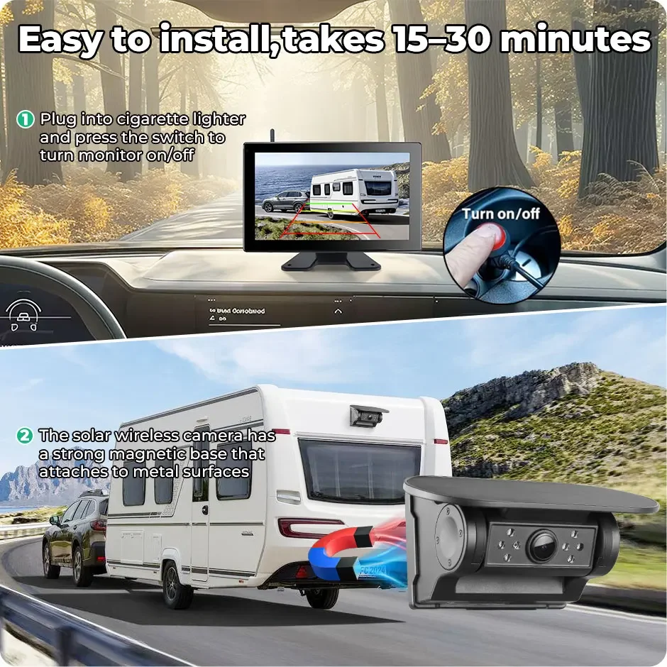 10 Inch 4CH BSD Alarm Solar Charging Wireless DVR Monitor Reverse Front Rear View Camera Kit For Truck Bus Trailer Heavy Duty