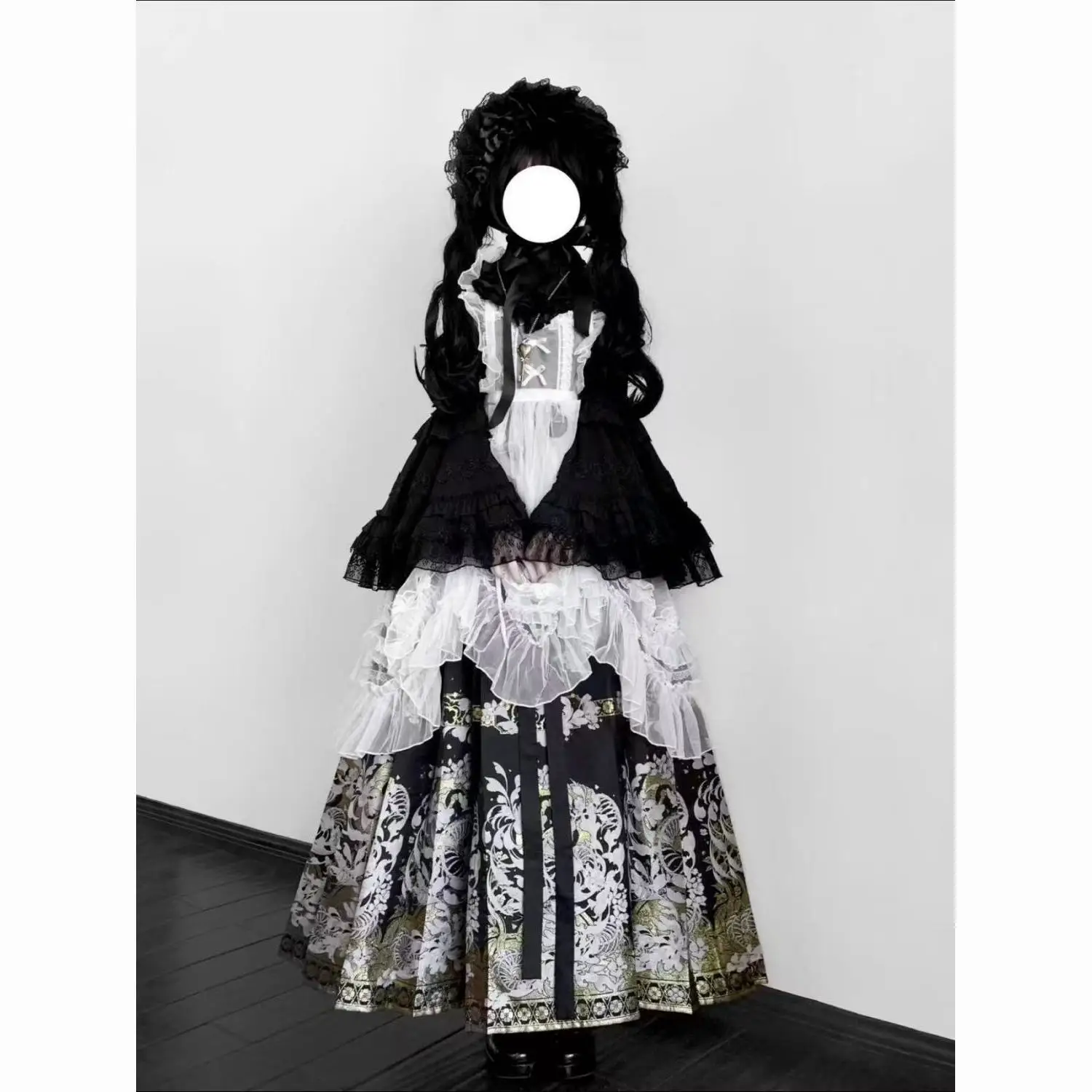 

MAGOGO Chinese Style Gothic Female Cross-neck Pipa-sleeved Shirt White Lace Apron Horse Skirt Lolita Suit Hanfu