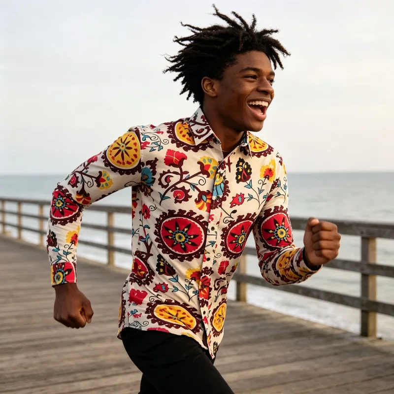 Teenagers Aged 14 and Above Geometric Printed Shirt Button Up Shirt Trendy and Fashionable Ethnic Style Top