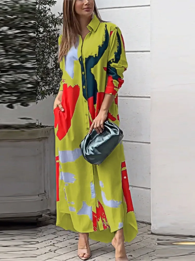 فستان نسائي مطبوع على الموضة كاجوال بأكمام طويلة وأزرار قمصان فضفاضة فساتين للنساء ملابس نسائية أنيقة للمكتب ربيع جديد