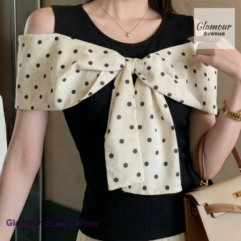

French fashion niche polka-dot bow off-the-shoulder design short-sleeved female summer T-shirt fashion temperament Joker top