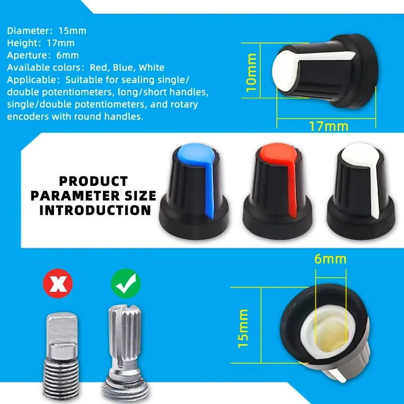 15 sztuk 3Pin RK097N-3-10K pojedynczy liniowy wzmacniacz obrotowy B10k potencjometry z 3 kolorami pokrętła typ 10k Ohm wał radełkowany — zdjęcie produktu 5