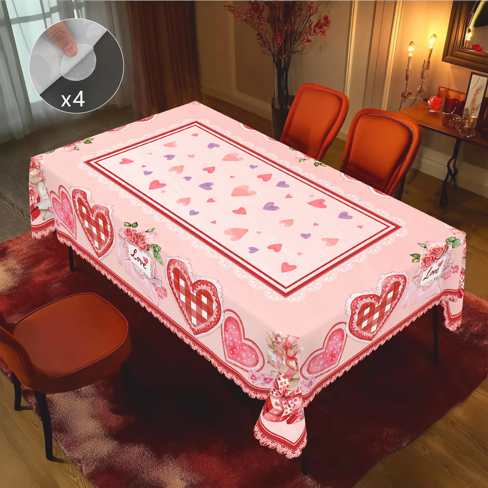 قطعة واحدة من مفرش المائدة المستدير والمستطيل لعيد الحب، متوفر في 5 مقاسات، مفرش طاولة مزخرف بطباعة التاريخ الرومانسي، يأتي مع 4 ملصقات مفرش طاولة بحافة منقوشة، ديكور مفرش طاولة للحديقة في المنزل، مناسب للاستخدام اليومي في المطبخ والفناء، هدية عيد الحب