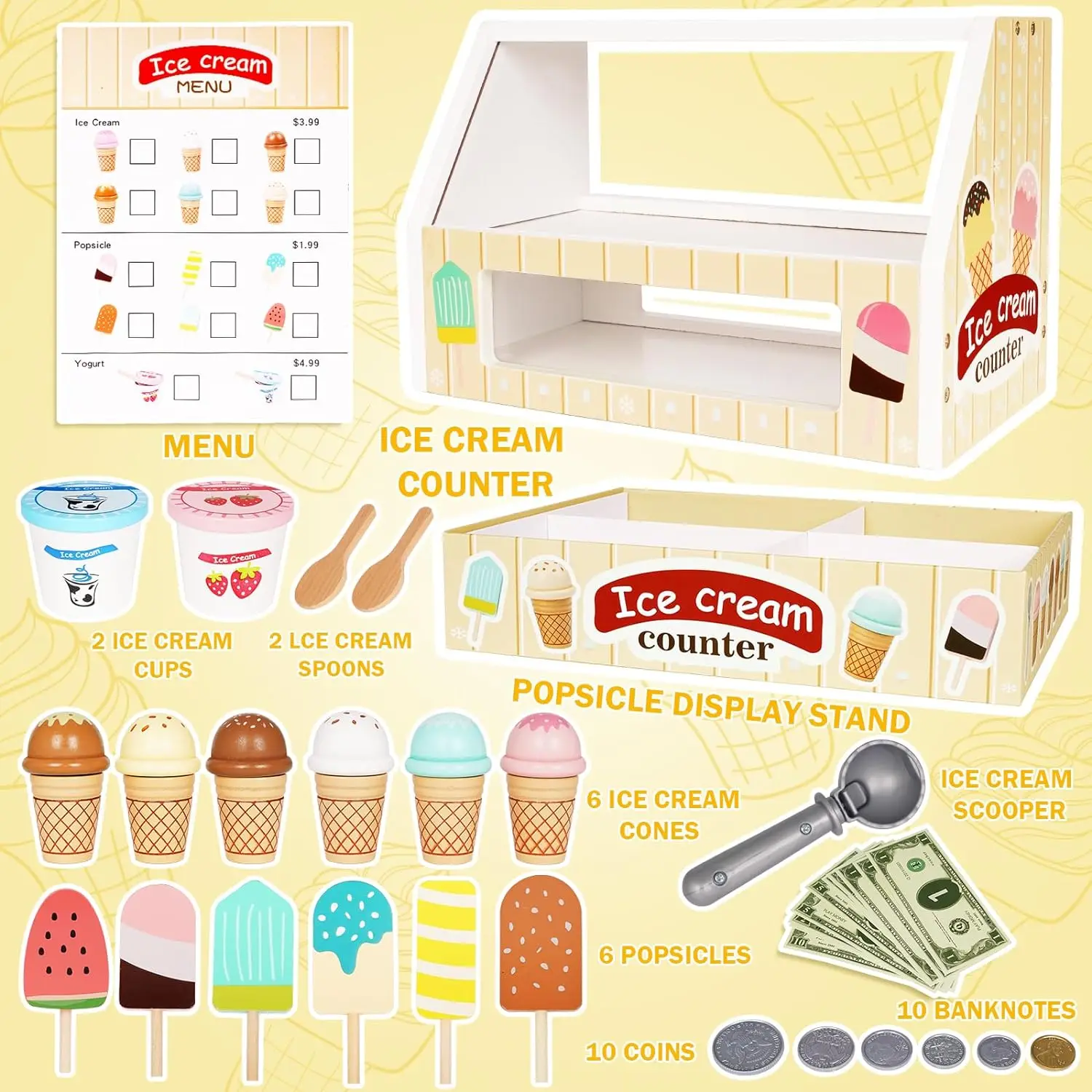 Ensemble de jeu comptoir de crème glacée en bois pour enfants, jouets d'ensemble de jeu de cuisine pour tout-petits et filles, cadeaux de jeu de