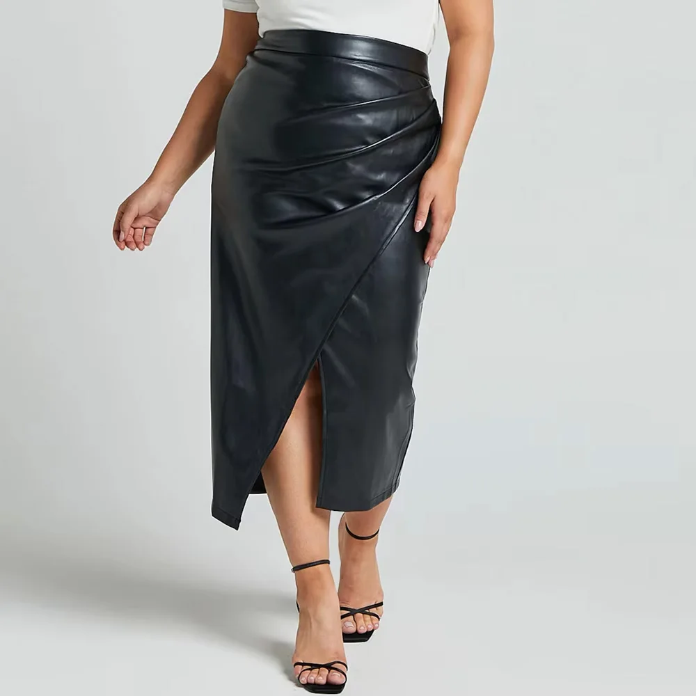 

Женская осенне-зимняя кожаная юбка, сексуальная юбка с разрезом и высокой талией на молнии из искусственной кожи, женская черная сложенная юбка из искусственной кожи, сексуальная