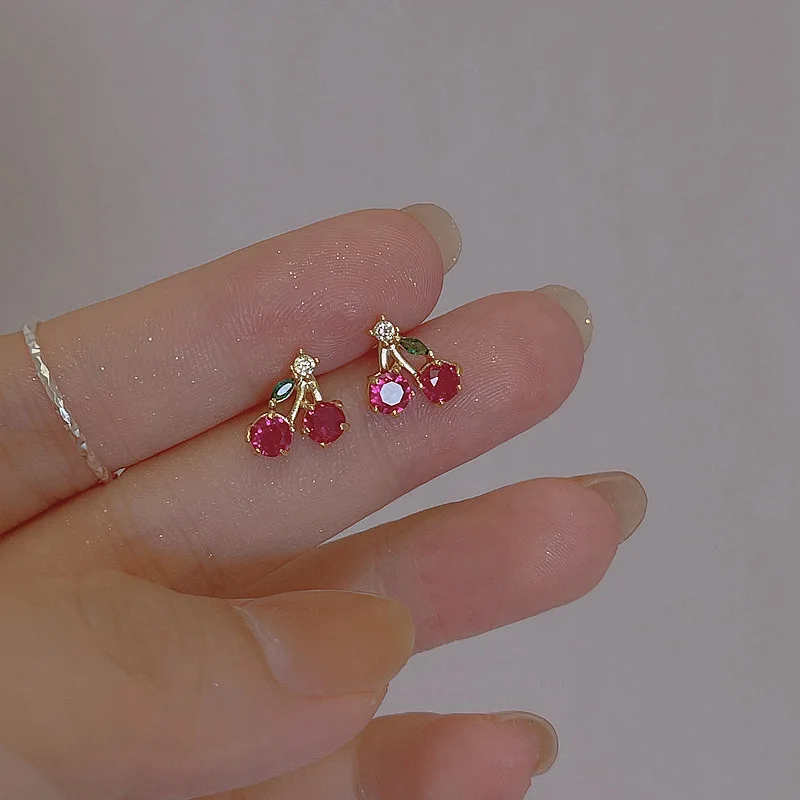 Fashion Creative Shiny Zirconic Red Cherry Stud Earrings For Women Girls Cute Summer Fruits Sweet Party Jewelry Accessories