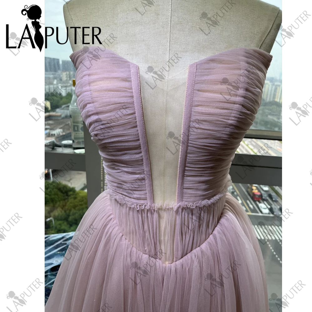 Baby Pink A line Prom Dresses Buttons Off Shoulder Basque Waist Long Tulle Evening Gowns Strapless Ruched Corset Party Dress New