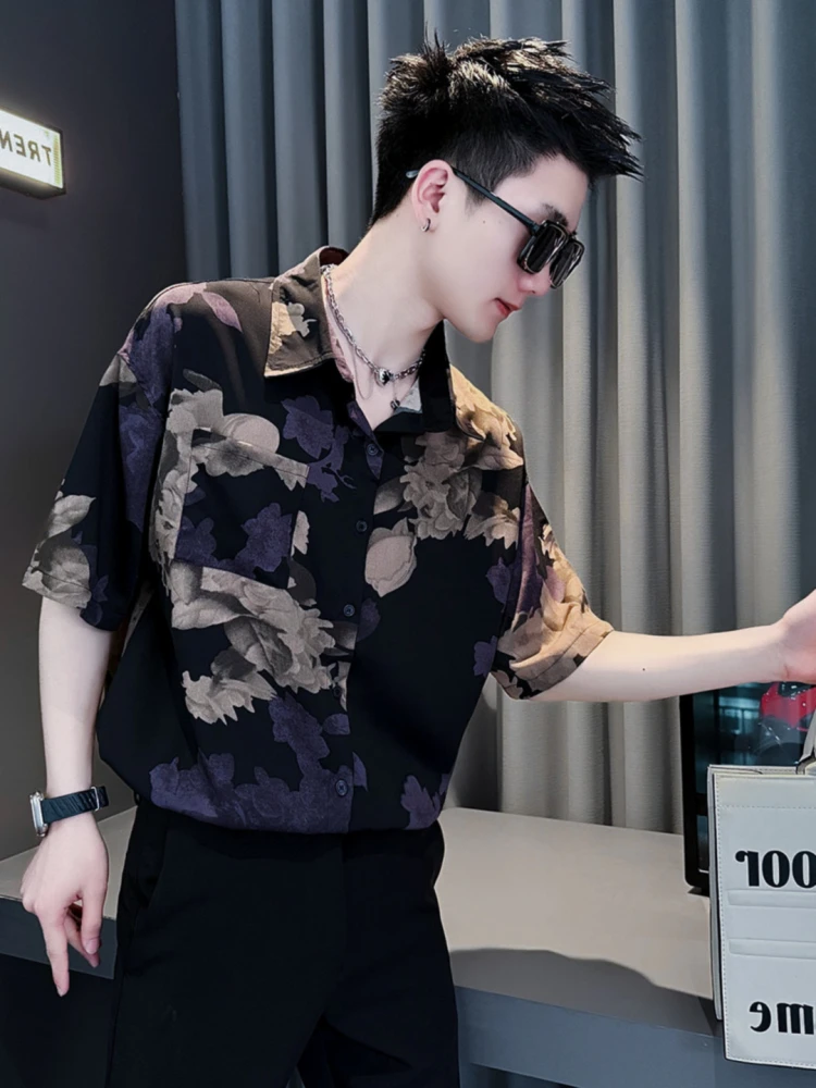 

Trendy Floral Print ort Sve Men's irt Ice Silk Drapey Summer Casual irt Breathable Lightweight Flip Collar Regular L...