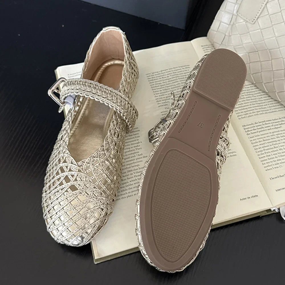 

Aneikeh Spring Mesh Women's Flats Ballet Mary Jane Comfortable Casual Designer Cane Round Toe Ladies Shoes Zapatos De Mujer